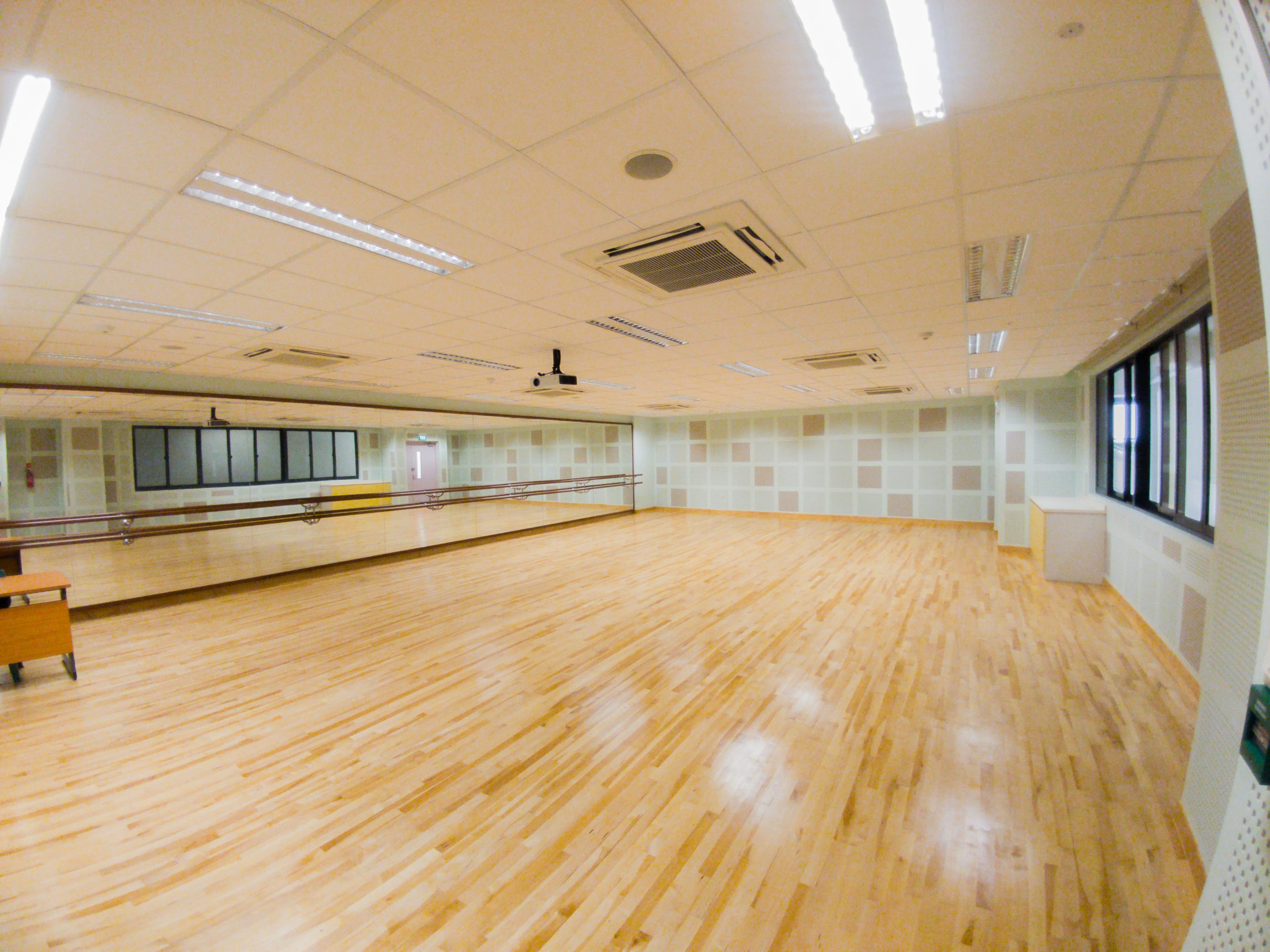 Empty dance studio with polished wood floor, wall-length mirror, ballet barres, fluorescent lights, and ceiling AC units.